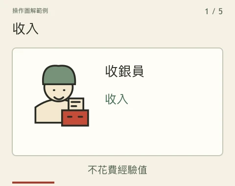 圖卡依序介紹五種職務：收入、損失保護、競爭計畫、提高廚藝對決勝率與自動存款。